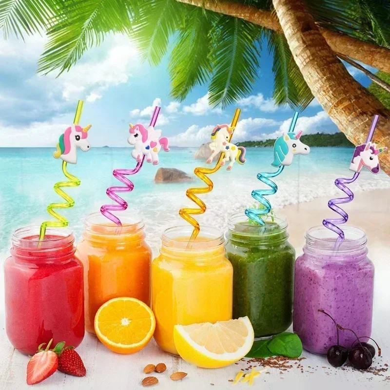 8pcs Unicorn Theme Spiral Plastic Drinking Straw Reusable Unicorn Straws for Kids Baby Shower Birthday Party Decor Souvenirs