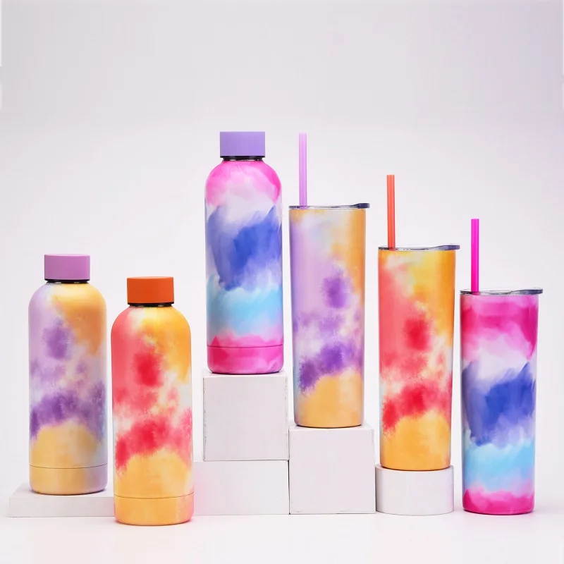 Thermos Cup,Double Layer,Stainless Steel,Small Mouth,Creative Tie-dye Color,Heat Lock Cold Seal Leakproof Water Bottle,500ml