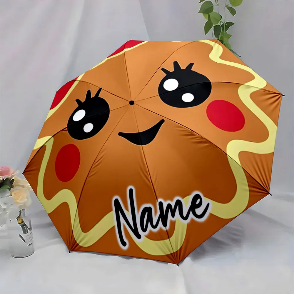 Custom Name  Cute Gingerbread-Themed Umbrella Design Print 8 Iron Ribs Folding Umbrella Auto-Open Fashion Sunshade