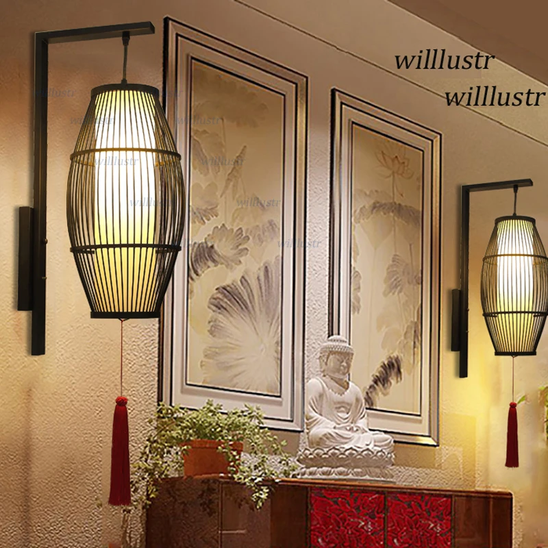 

Chinese Style Lantern Bamboo Wall Light Handmade Retro Sconce Staircase Foyer Aisle Teahouse Bedside Corridor Vintage Wood Lamp