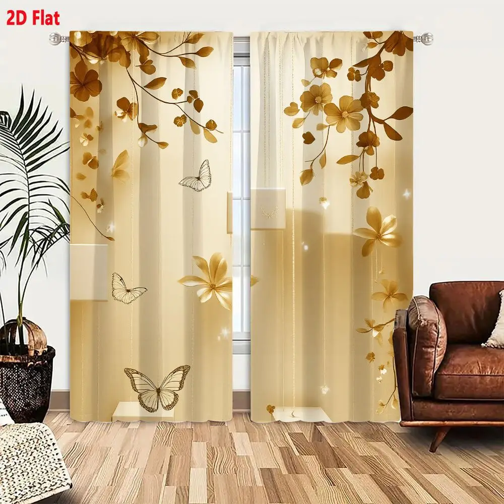 2Pcs Curtains Add 2D Flat Elegant Whimsical Interior Design With Golden Flowers Wireframe Butterflies And Glowing Orbs In Soft B