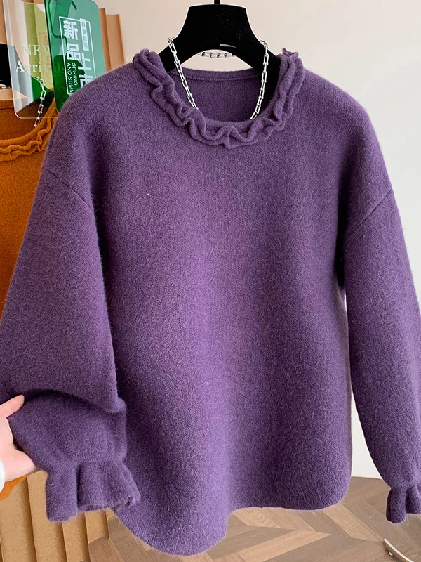 

Women's Knitted Sweater with Flared Sves Soft Cozy Base irt Large Size Autumn Winter New Sle Wooden Sve Faion