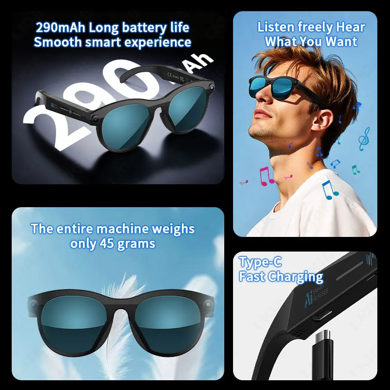 LIGE 2MP HD Smart Camera Glasses 720P Video Recording 290mAh Voice Assistant Control AI Translation BT Calling Sunglasses 2025