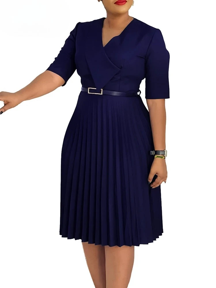 

Women's Dress New Red V-Neck Half Sleeve Pleated A-Line Mid Dresses Fashionable Elegant African Office Work Vestidos