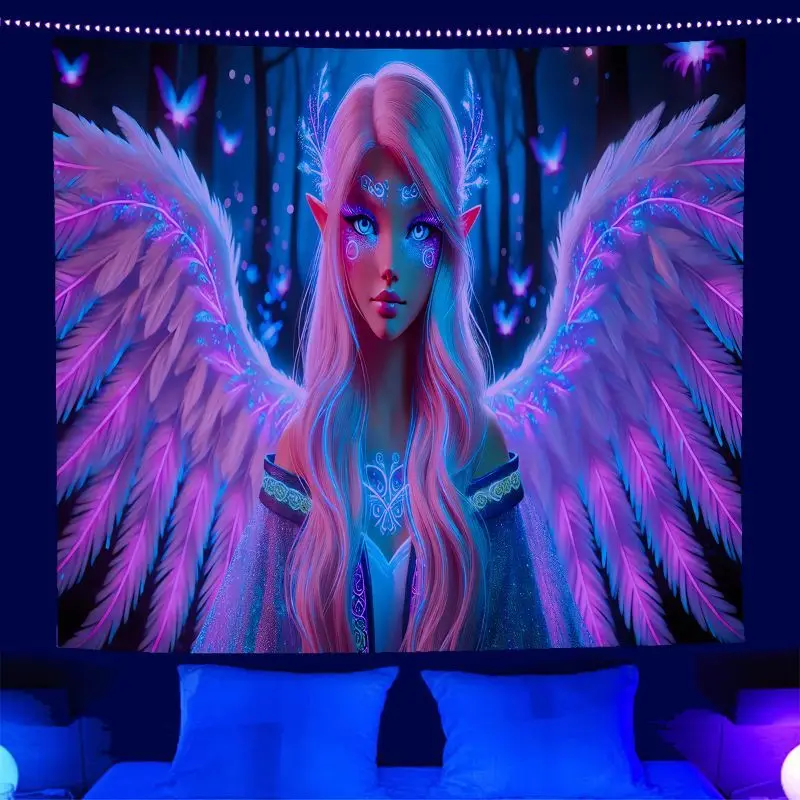 VIKAMA Blacklight Fairy Angel Wall Tapestry Pink Hair Butterfly Neon Home Decor Fresh Style Soft Durable Cozy Aesthetic Gift