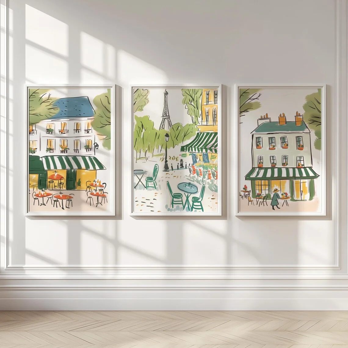 Bemelmans Paris Cafe Inspired Digital Print, Grandmillenial Paris Wall Art, Wall Art Set of 3, Neutral Nursery Paris Wallpaper A