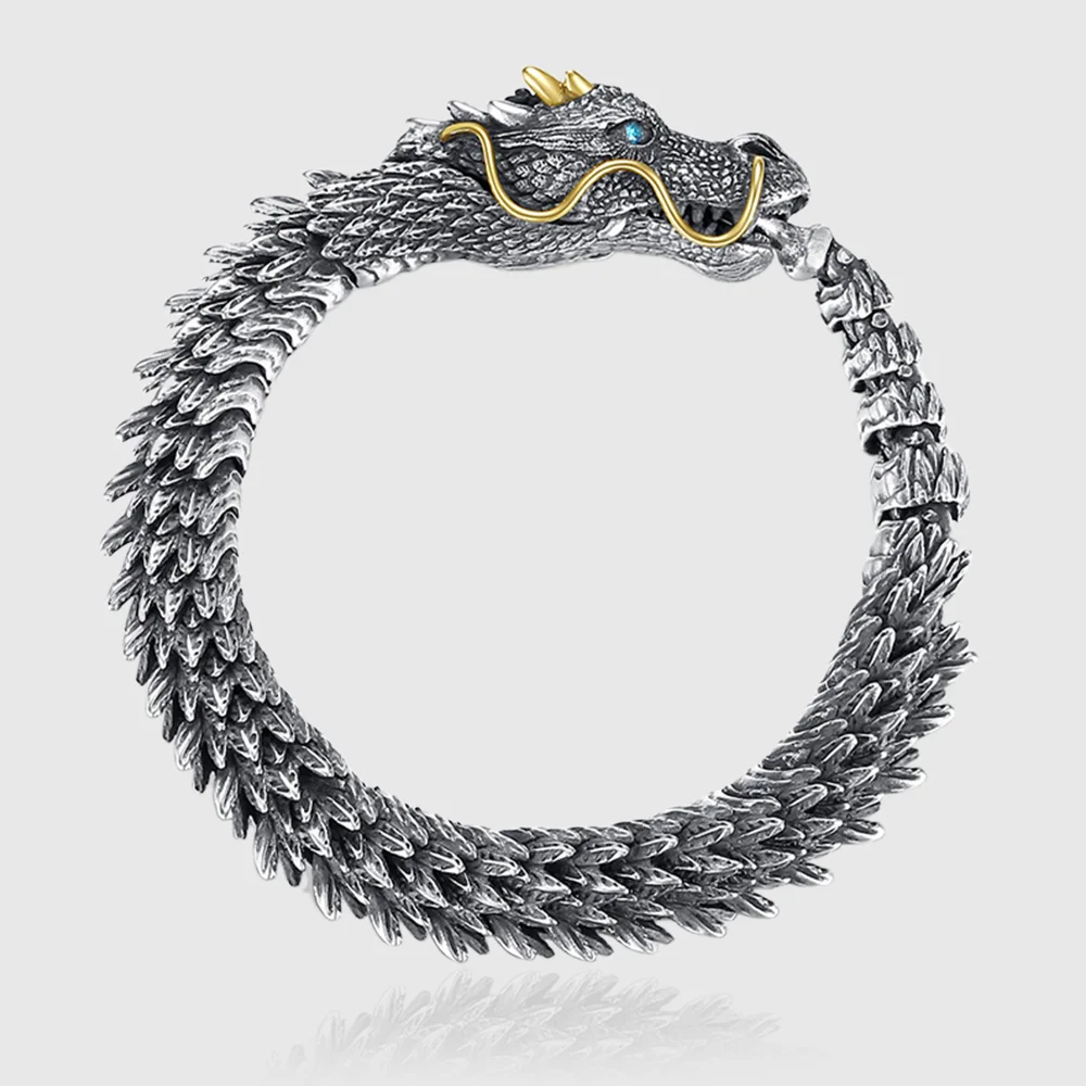 

Vintage Men's Punk Domineering Ancient Dragon Snake Link Bracelets Accessories Hiphop Style 925 Sterling Silver Fashion Jewelry