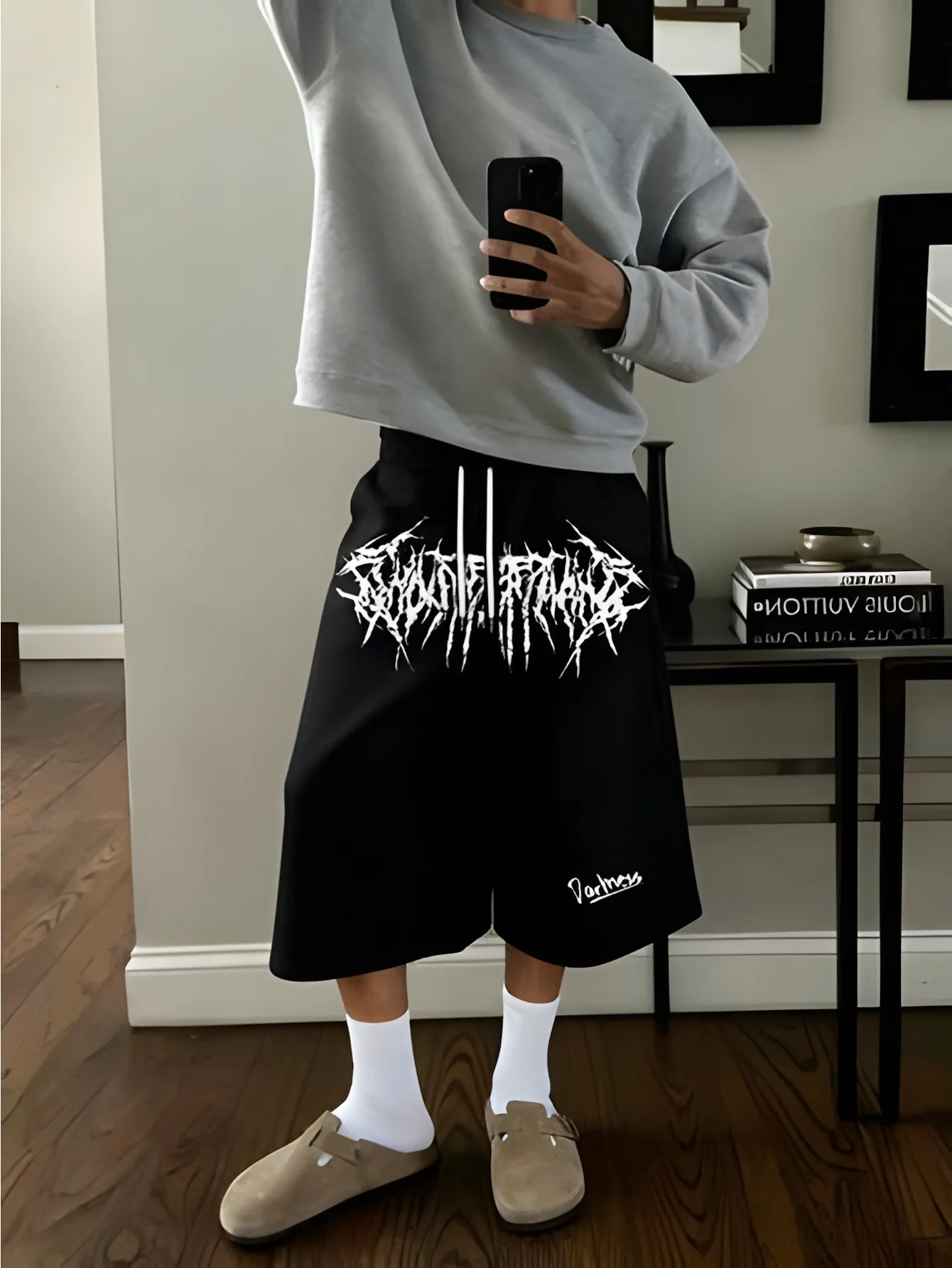 

Men's Loose-Fit Dark High-Street Style 7/8-Length Pants: Drawstring, Elastic Waist, Wide-Leg, Knee-Length Athletic Shorts