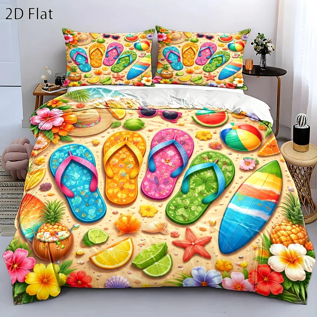 3Pc Tropical Beach Style Duvet Cover Set, Three-Piece Bed Set (1*Duvet Cover + 2*Pillowcases), Suitable for All Seasons, Machine Washable, with Invisible Zipper, Surfboard, Flip-Flops, Pineapple, and Floral Patterns, Large Double Bed Cover, Suitable for Home, Dormitory, Master Bedroom, Guest Room, Fresh Summer Vacation Style Bedding Set