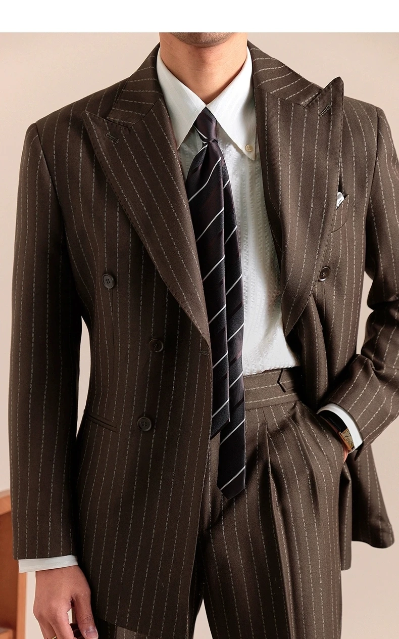 Men's Italian-Style Double-Breasted Suit Set, Gentlemanly Retro Peak Lapel, High-End for Wedding & Banquet Business Office Suits