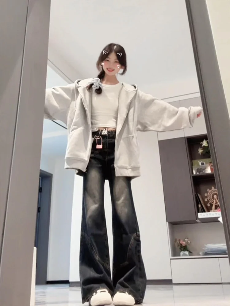 미국 하이 스트리트 벨 보트 진 여성용 봄 가을 2025 신상 레트로 하이웨이스트 슬림 스트레이트 와이드 레그 허프 팬츠