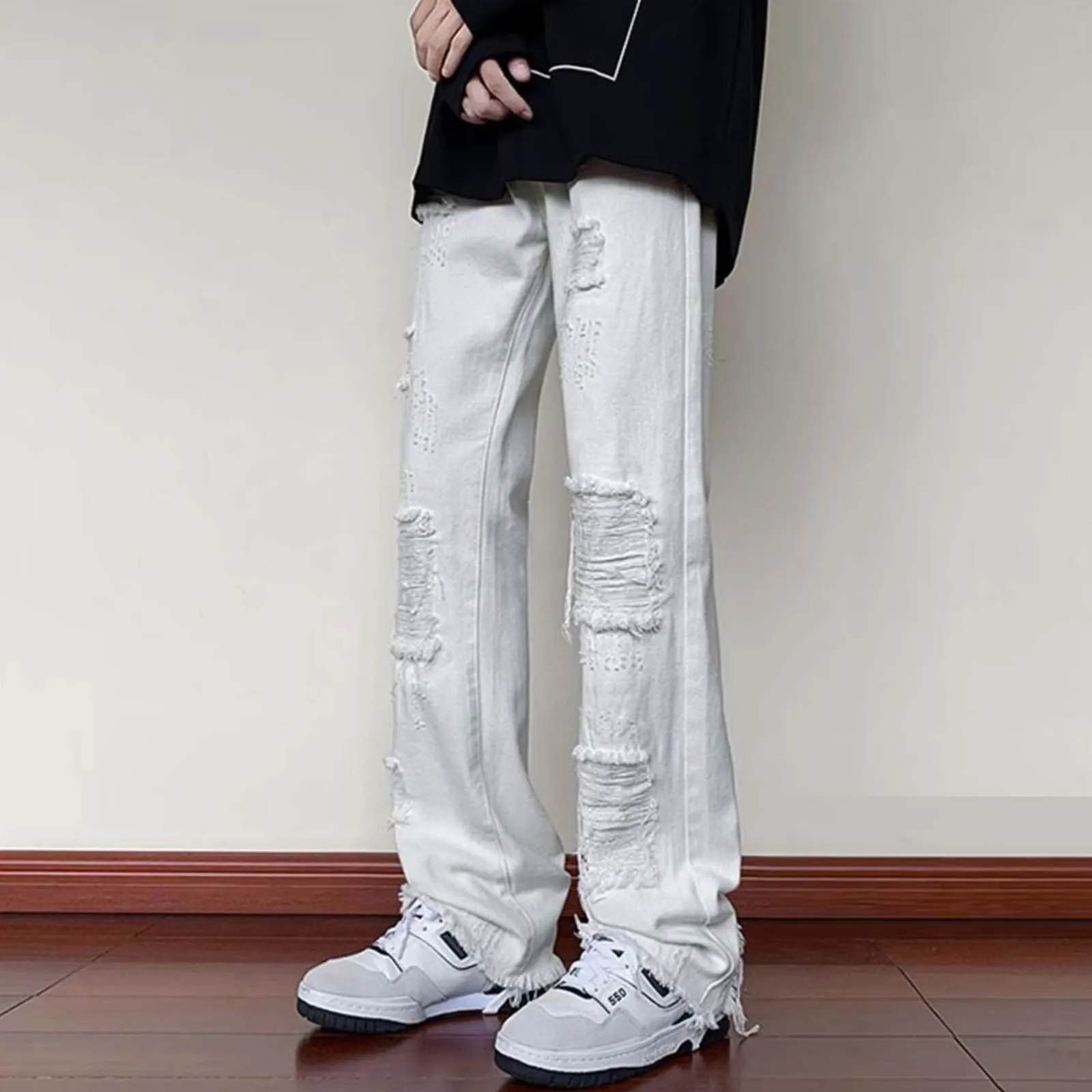 

Ripped And Slightly Flared Jeans For Men Casual Denim Pants Versatile Sportswear Pants Straight Leg Trendy Jeans Ripped Jeans