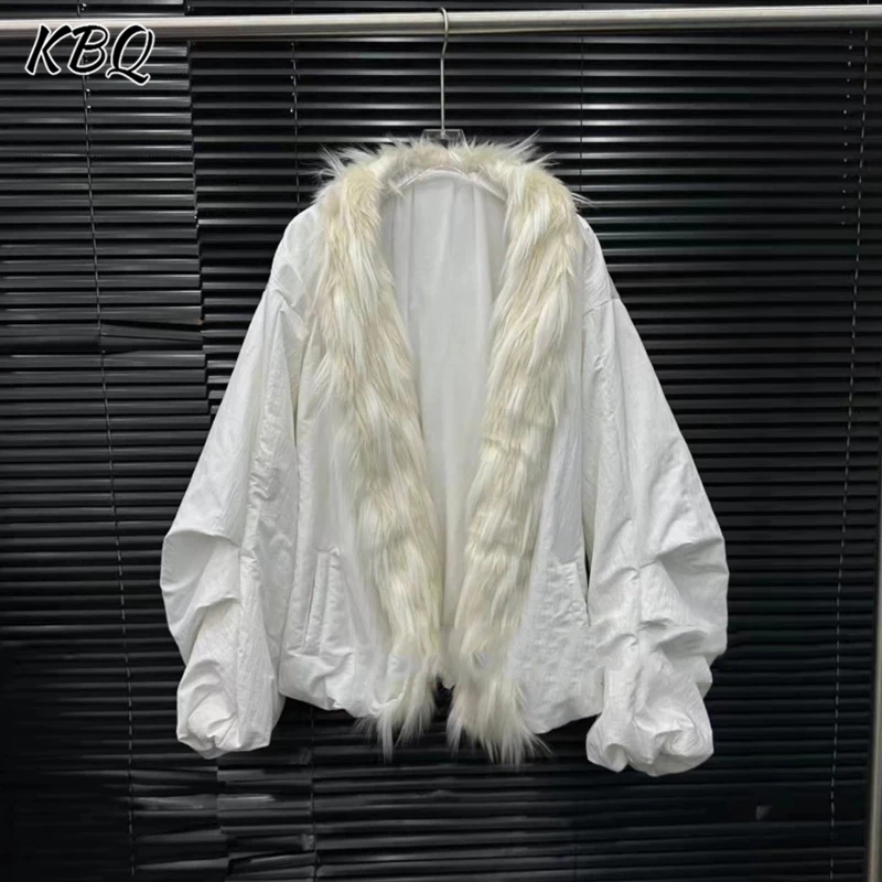 

KBQ однотонные свободные повседневные дизайнерские шикарные пальто для женщин с меховым воротником и длинными рукавами темпераментные куртки женская мода осень новинка