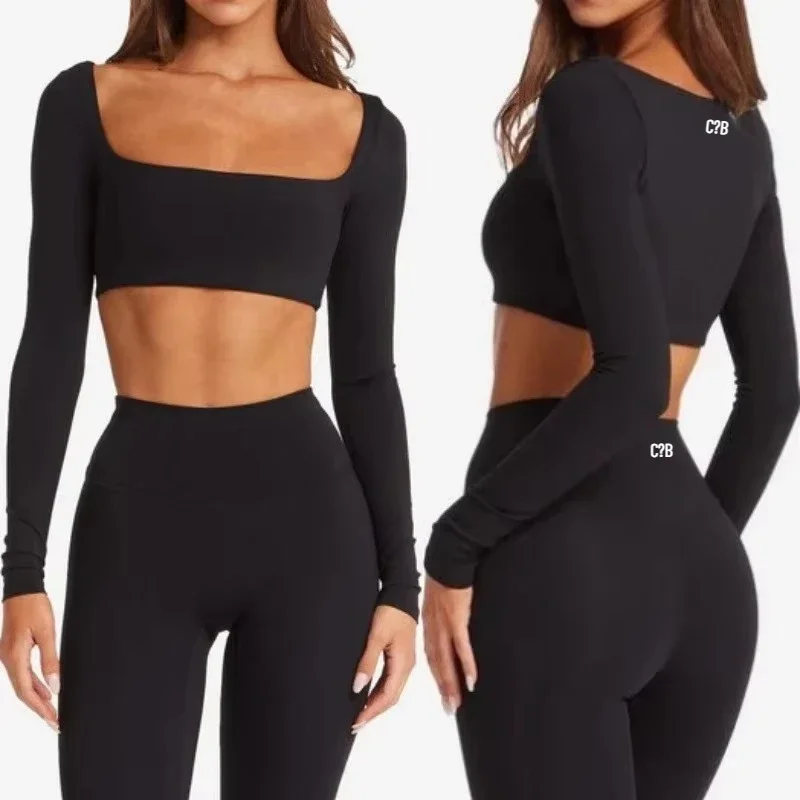C-B Women Square Neck Long Sleeve Yoga Crop Top High Waist Scrunch Biker Shorts Leggings Butt Lifting Gym Fitness Sportswear