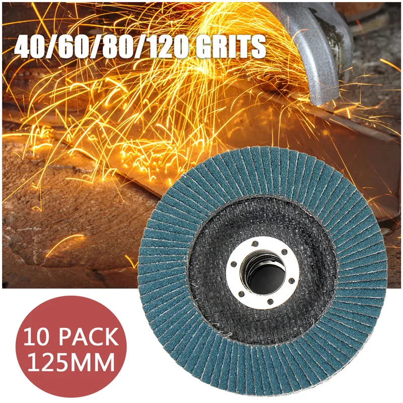 Discos Flap Profissional, Discos de Lixar, Moagem, Polimento Rodas, Lâminas para Angle Grinder, 5 in, 40 Grit, 60 Grit, 80 Grit, 120 Grit, 125mm, 10PCs