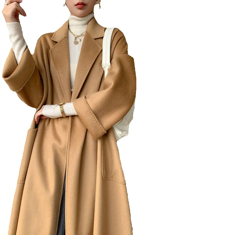 

Cashmere Camel Color Water Ripple Double-Sided Cashmere Sweater For Women's Long Style New Woolen Jacket