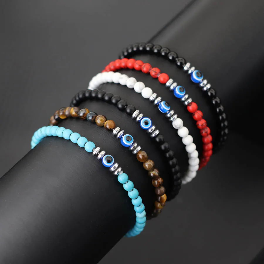 Stylish Evil Eyes Bracelet For Men 4mm Tiger Eyes Turquoises Beads Strand Braslet Handmade Leisure Pulseira Accessories Hombre