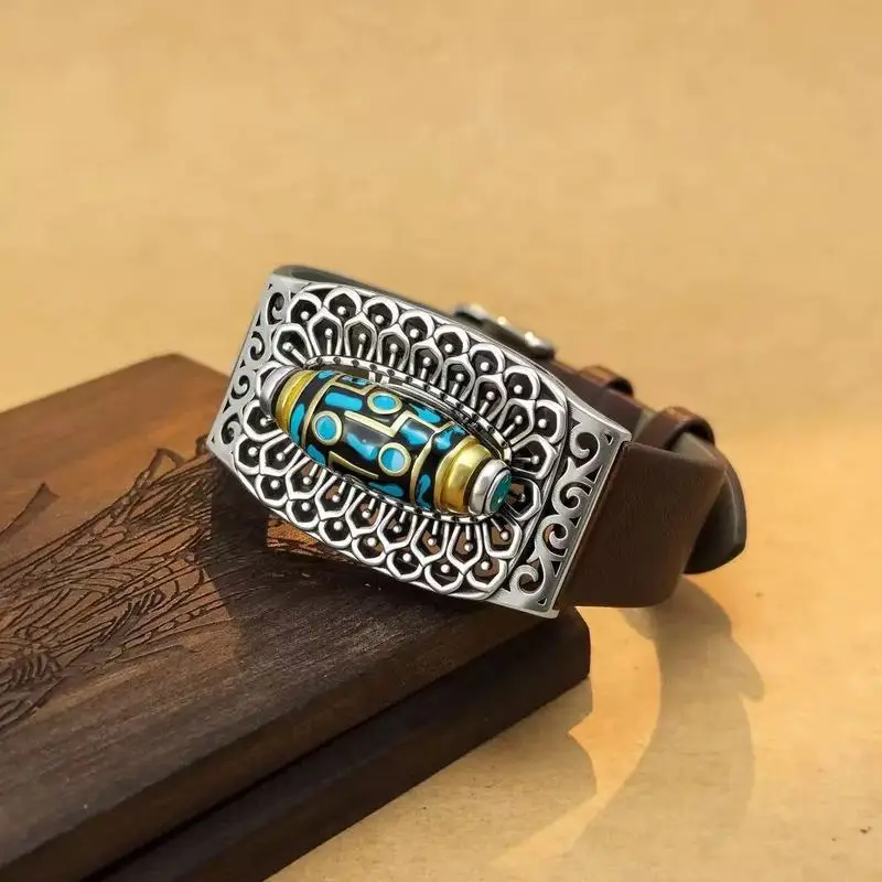 Handmade, personalized, vintage-style rotating nine-eye dzi bead bracelet, fashionable and minimalist, featuring the six-syllabl