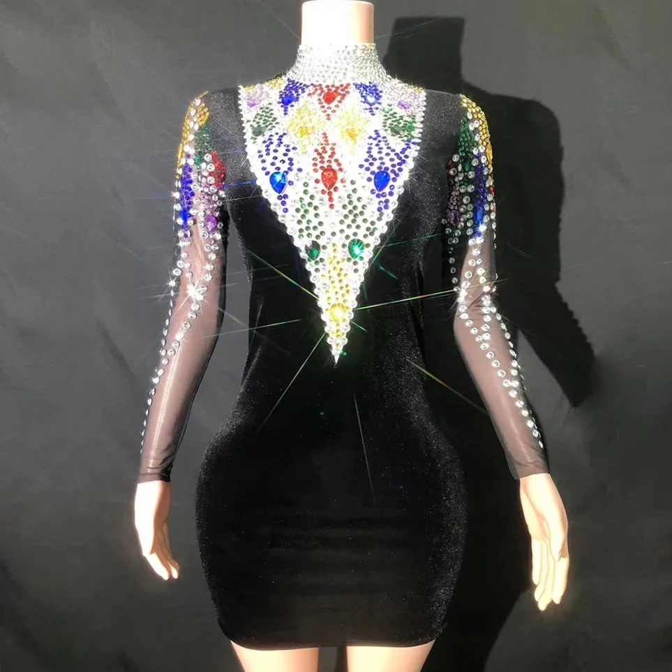 

New Arrivals Colourful Rhinestones Turtleneck Long Sleeve Celebrate Birthday Party Mini Dress Sexy See Through Sheath Dress