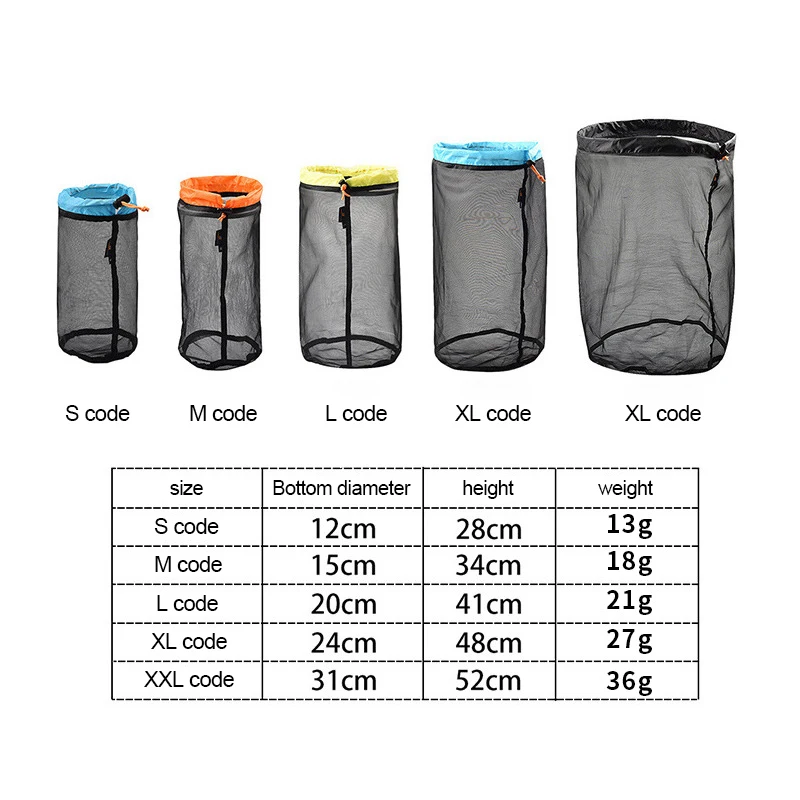 5 Size Travel Mesh Storage Bag Outdoor Drawstring Ultralight Mesh Stuff Sack Camping Traveling Organizer Hiking Tool Accessories