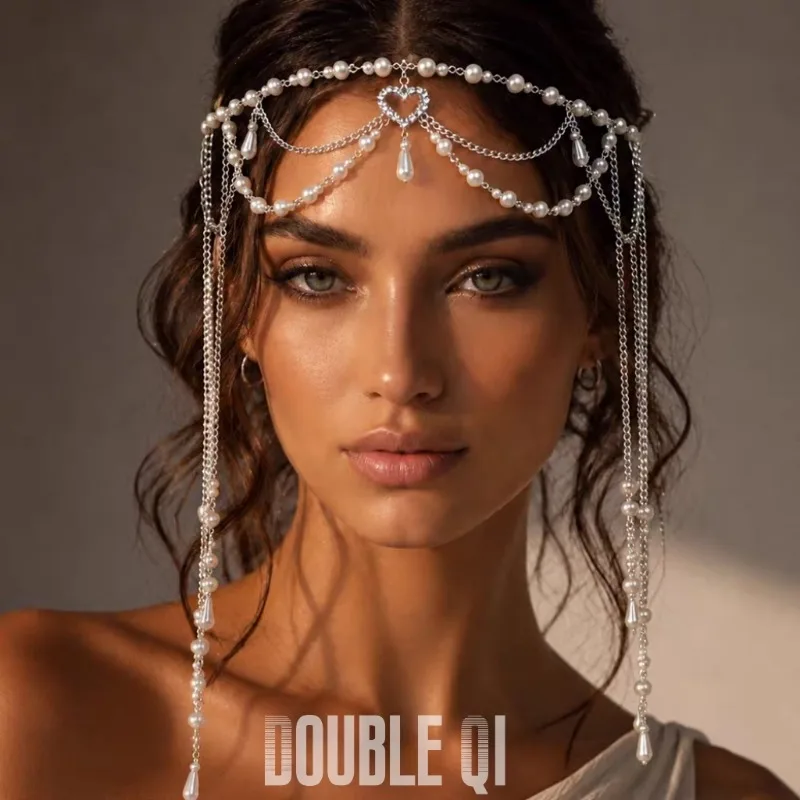 Super fairy imitation pearl fringed headdress women's niche light luxury rhinestone love forehead chain bohemian vacation access