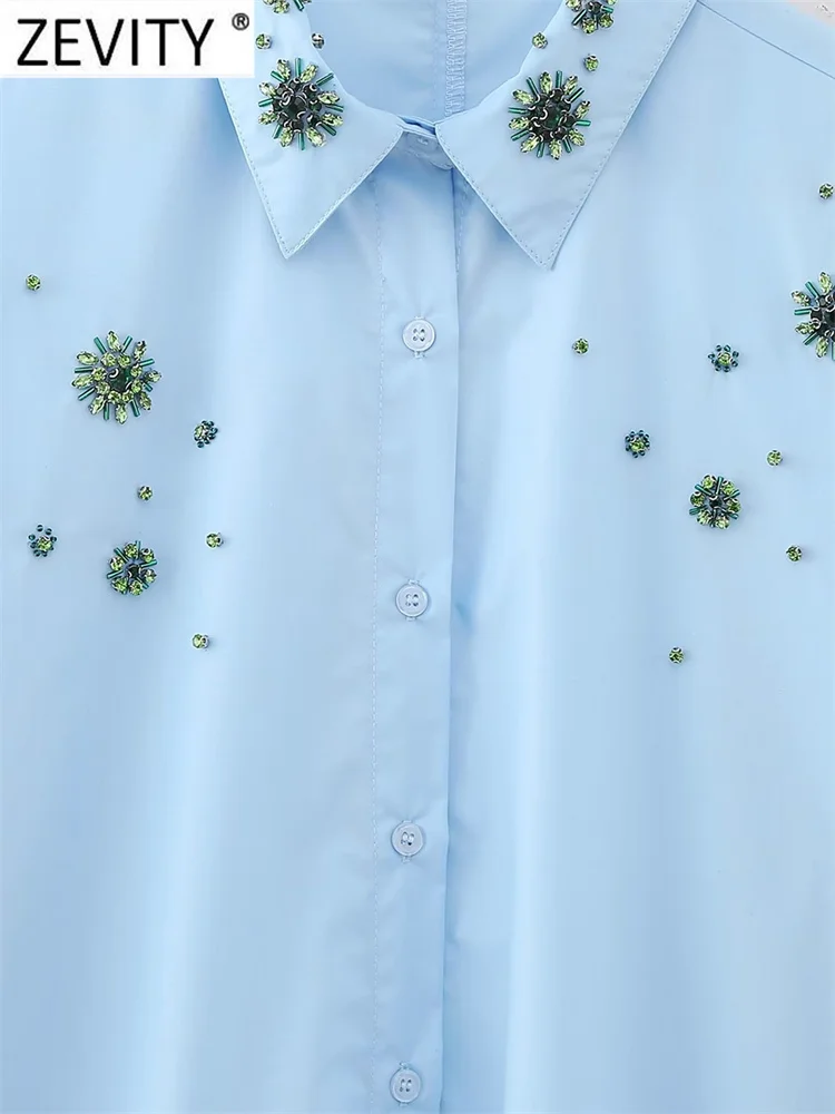 Zevity Vrouwen Mode Diamant Kraal Borduurwerk Poplin Blouse Office Dame Lange Mouw Casual Shirt Chic Chemise Blusas Tops Ls5554