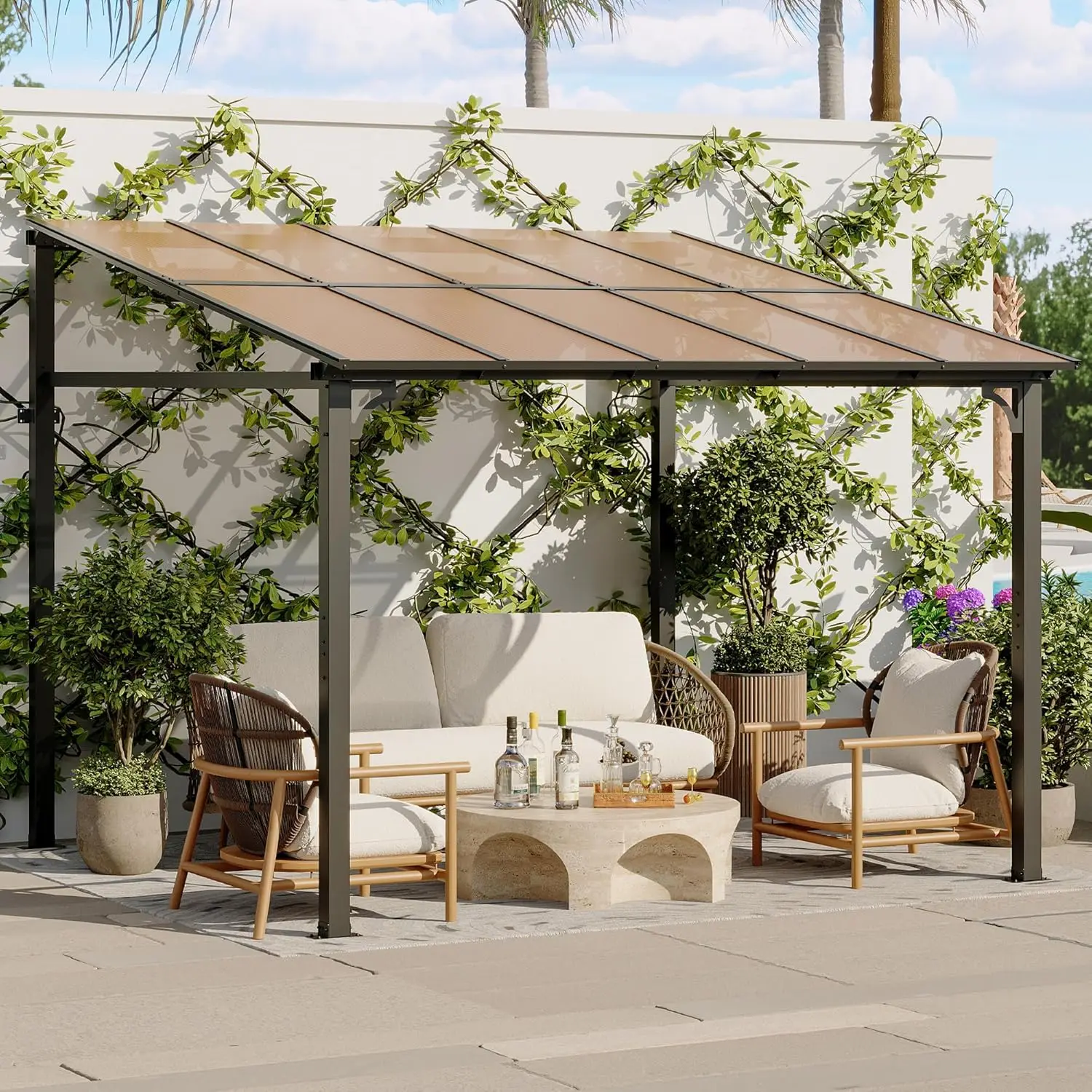 10'x10' Wall Mounted Gazebo, Hard Top Lean-to Pergola with Heavy Duty Metal Frame, Large Outdoor Patio Backyard Shelter