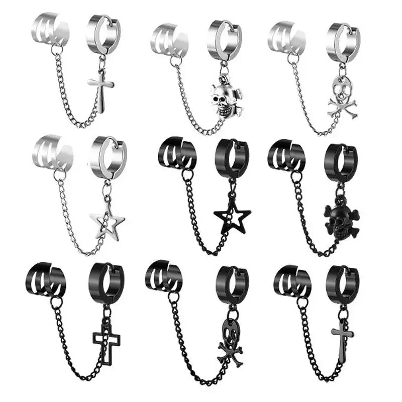 1PC Stainless Steel Cross Skull Star Pendant Ear Clip Earring for Men Women Punk Silver Color Tassel Chain Hoop Earrings Jewelry