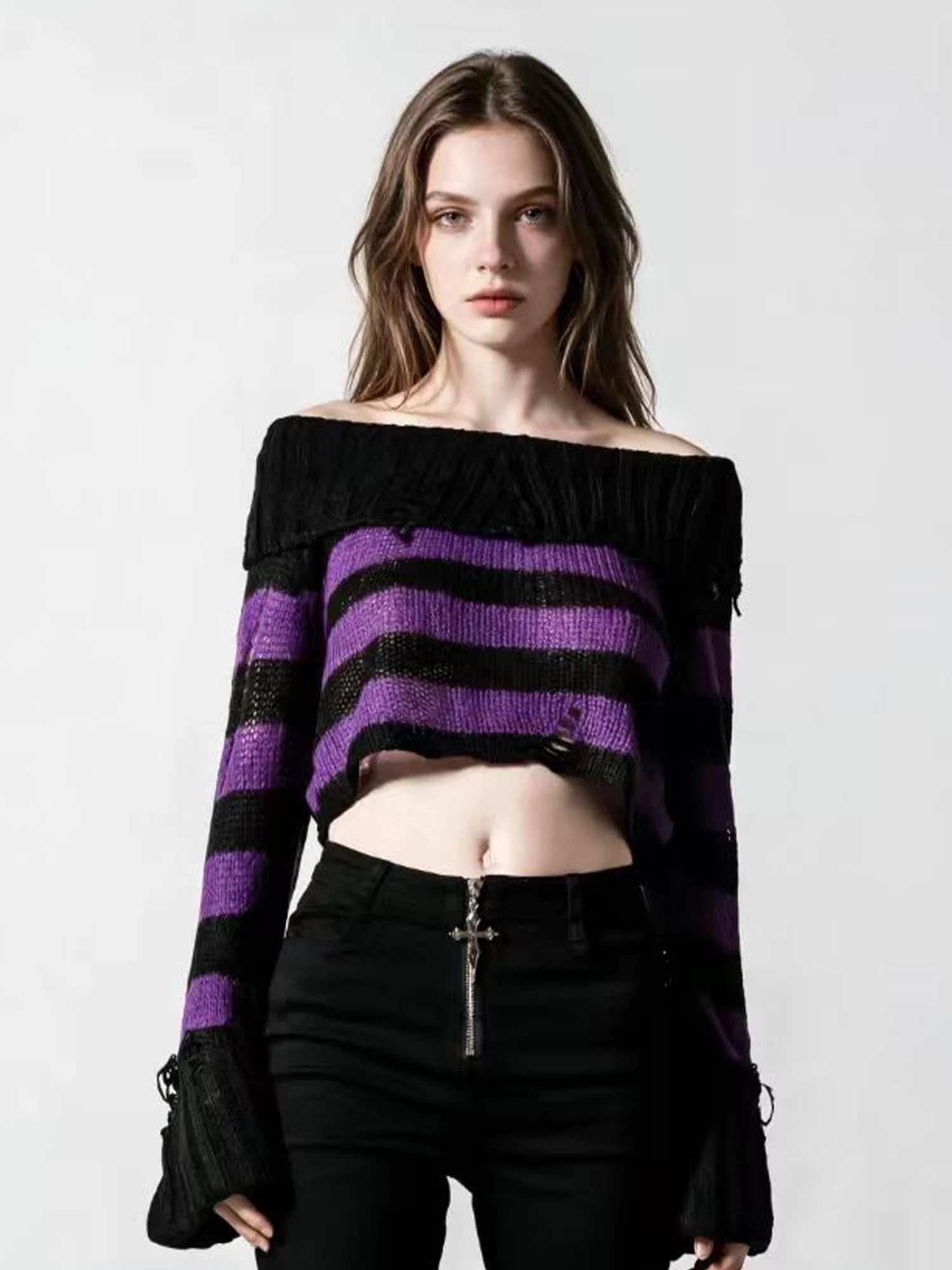 Women Purple Striped Gothic Sweater Off Shoulder Ripped Pullover Knitwear Long Sleeve Knitted Sweater Y2k Gyaru Vintage Knit Top
