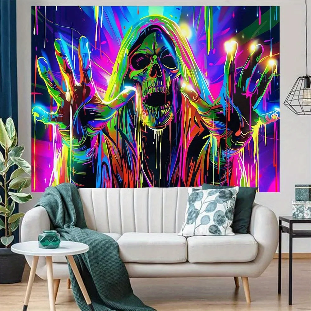 Neon Grim Reaper Tapestry: Vibrant, Mysterious, and Strikingly Unique Wall Art for a Bold, Unforgettable Decor Statement
