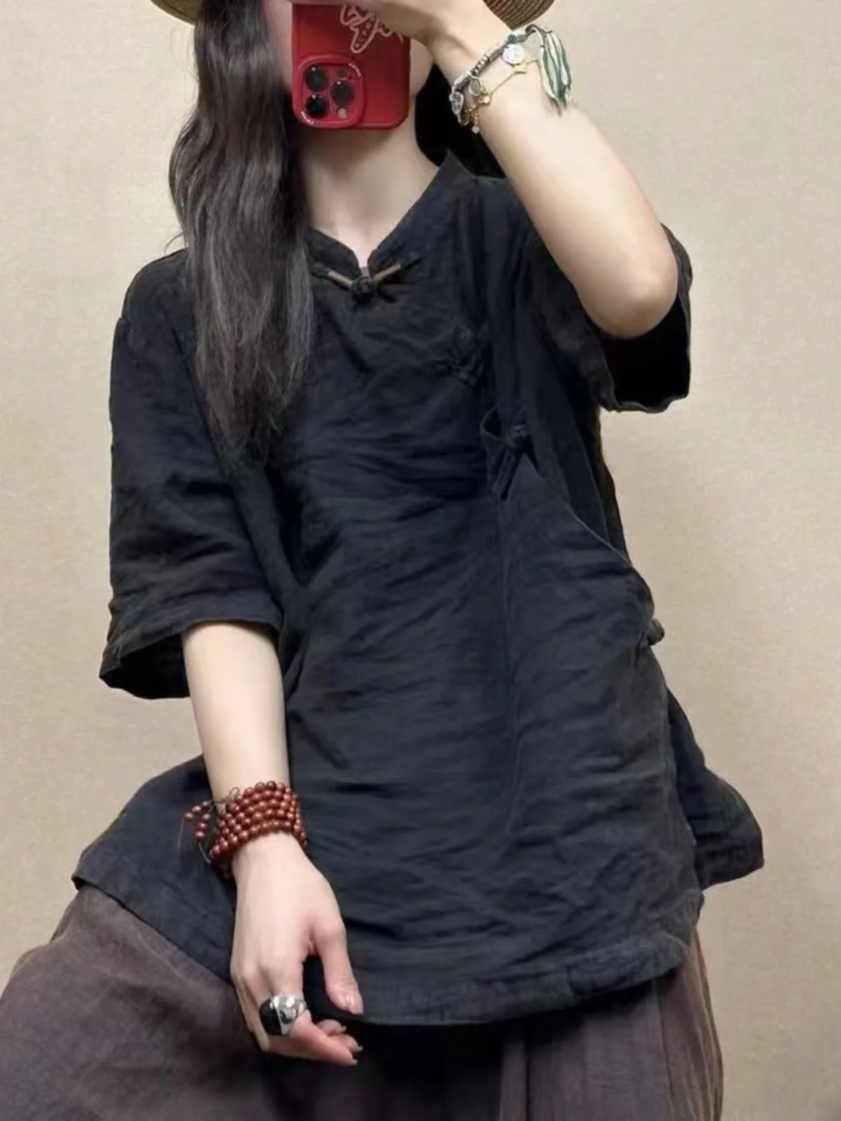 레트로 중국풍 여성용 면 린넨 여름 얇은 셔츠 버튼업 루즈핏 스탠드 칼라 단색 차 의상