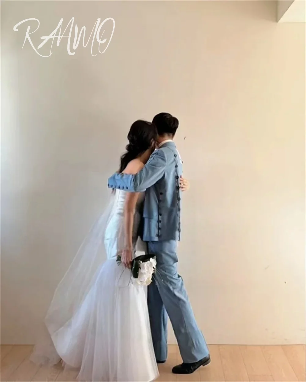 Ranmo Elegant Satin Mermaid Korea Wedding Dress Off Shoulder Cape Photos Shoot Bride Dress Customized Corset Long Bridal Gown