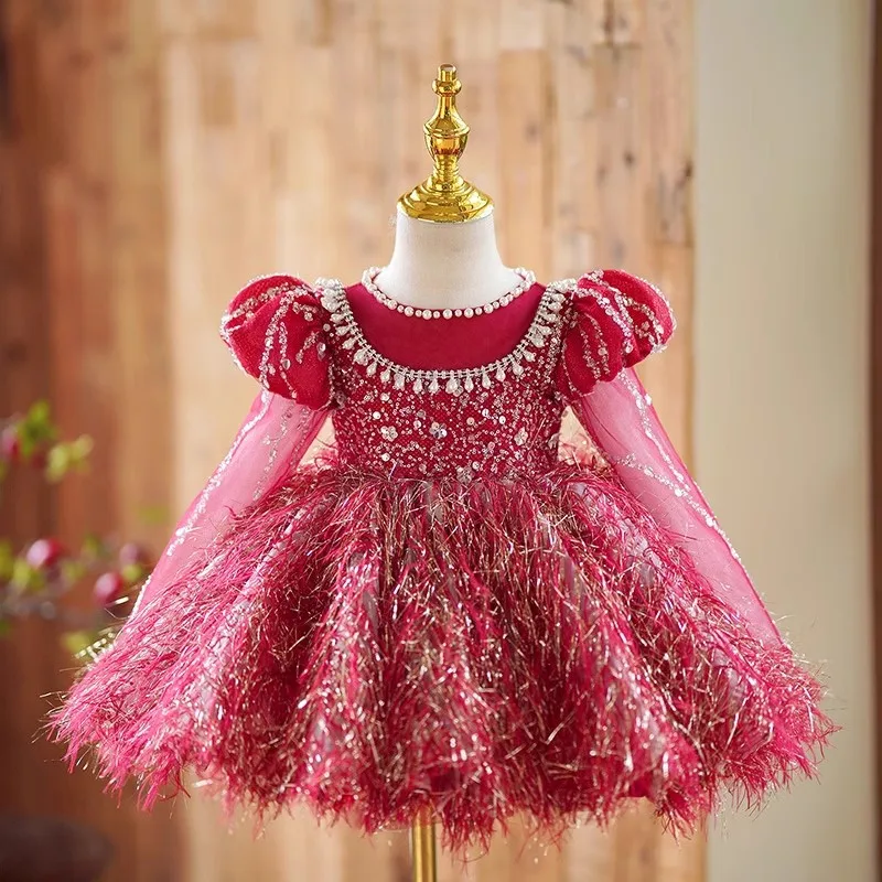 

Baby Girls' Wedding Birthday Party dress 2025 new year Children's Pink Sequined Backless pearl Princess tutu Girls' Ball Dress