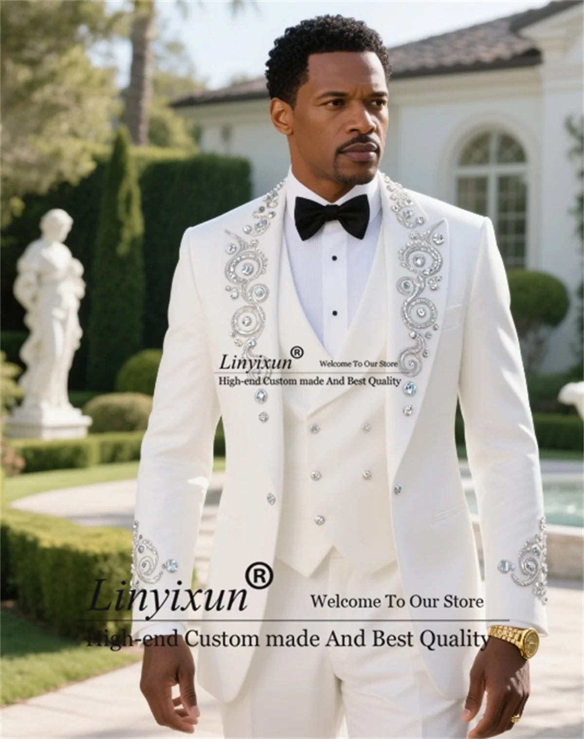 

Luxury Diamond Ornament Men Suit Peaked Lapel Ropa hombre 3 Pieces Sets Groom Male Blazers Customized Slim Wedding Tuxedos