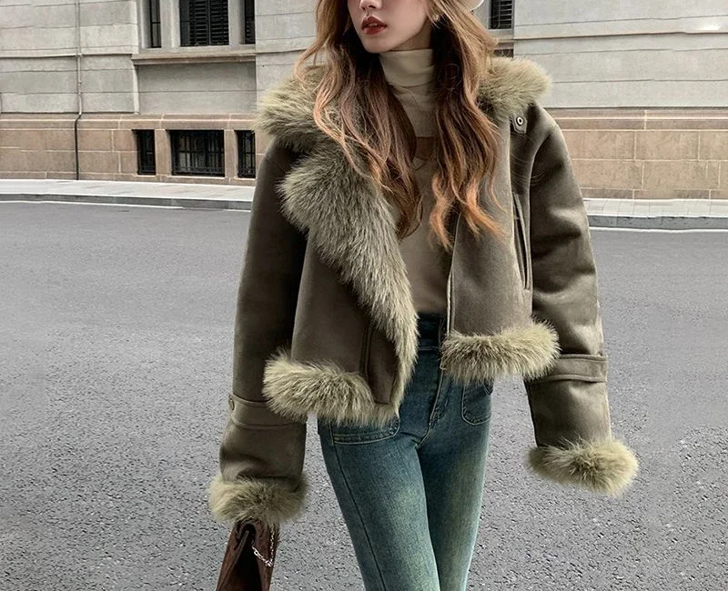 2024 New Fur Integrated Coat Suede Short Motorcycle Wear Women's Look Thin Korean Edition Casual Jacket Winter