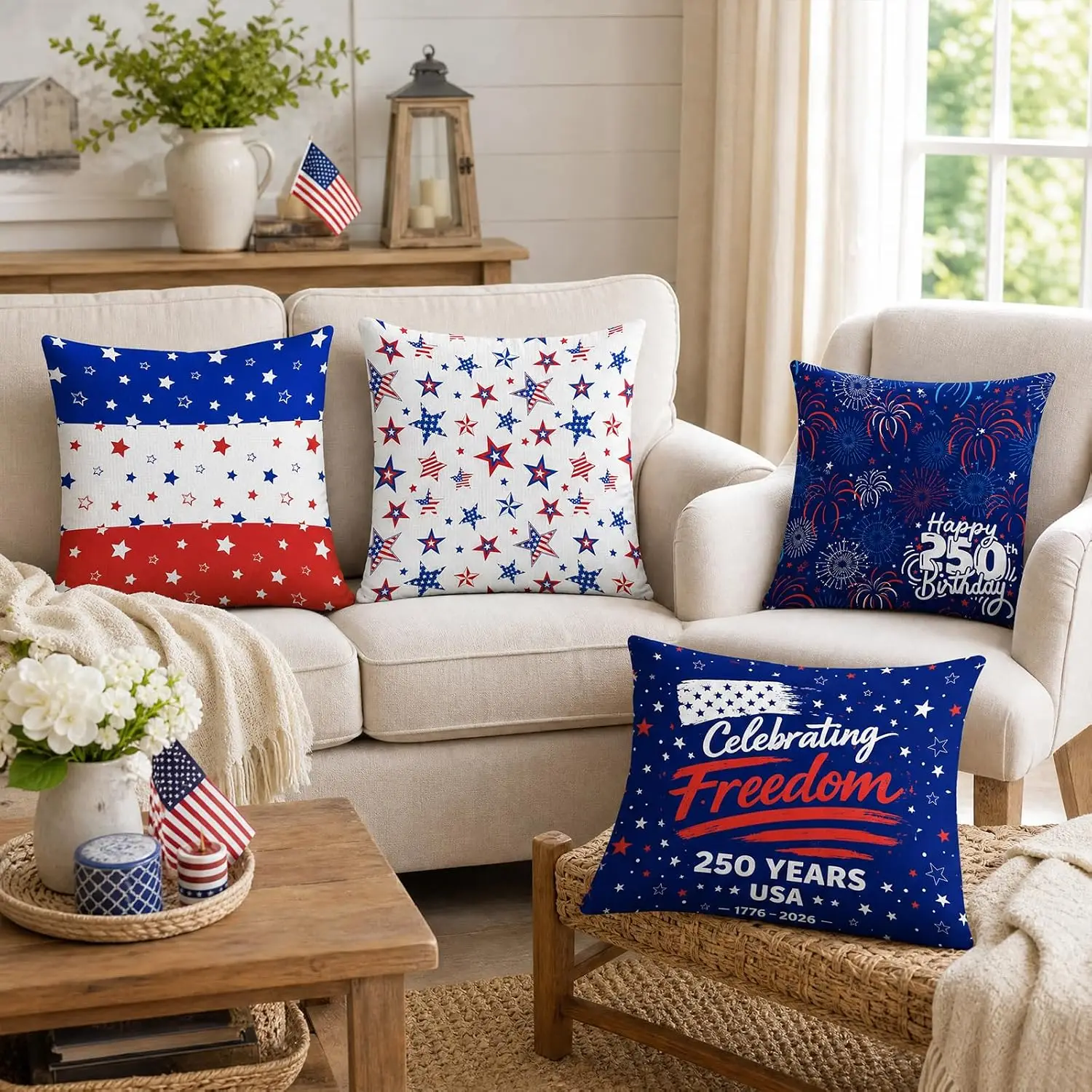 4 Pack American Flag Throw Pillow Covers Set Patriotic USA Home Decor Stars Stripes Cushion Pillow Polyester for Living Room Bed