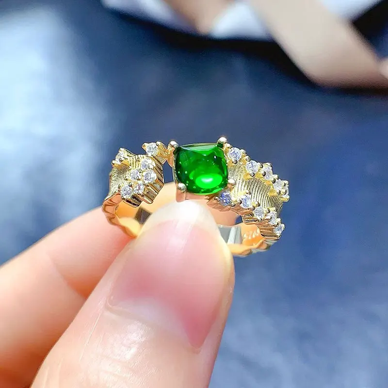 Adjustable 925 Sterling Silver Natural Square 5mm Diopside Tangta Ring  Exquisite Fine Jewelry