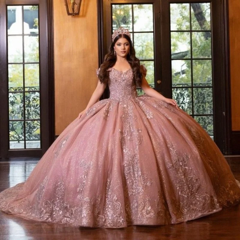 EVLAST gaun dansa merah muda Quinceanera mawar gaun pesta korset Meksiko manik-manik Applique renda perak manis 16 Vestidos De XV 15 Anos SQ11