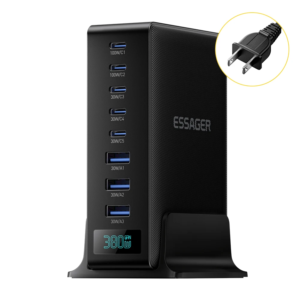 Ładowarka Essager 380W GaN 8 w 1, szybka ładowarka biurkowa do laptopa, stacja ładująca do iPhone 17 16 15 Pro Max, Macbook Air, Xiaomi, Samsung, tabletów — zdjęcie produktu 7