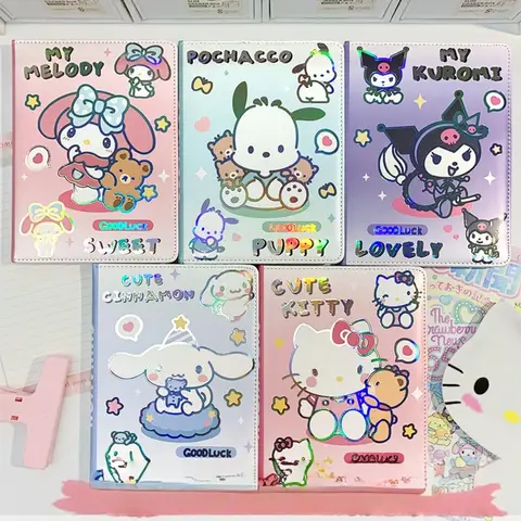 Cuaderno de dibujos animados Cinnamoroll Melody Kuromi Pochacco láser Pu Color página A5 alto nivel de apariencia diario de dibujos animados diario de estudiante