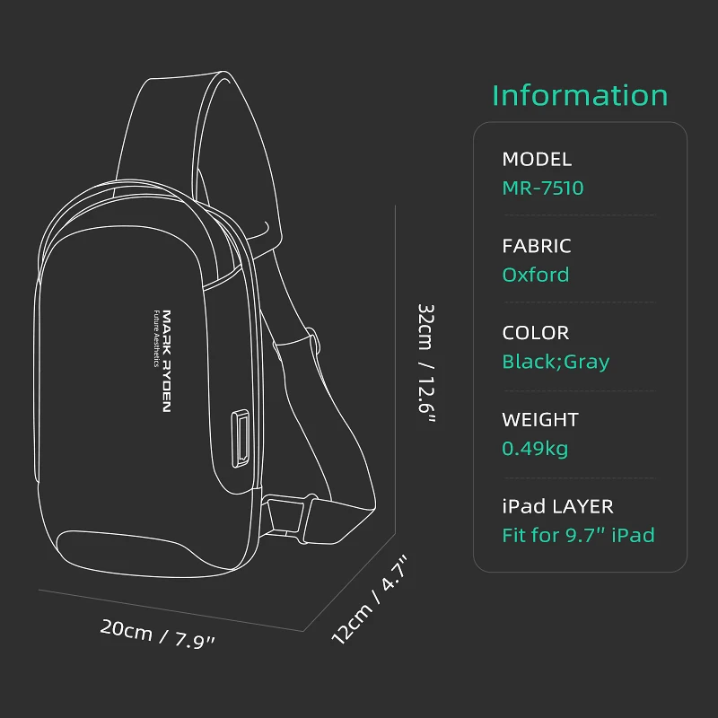 Mark Ryden Waterproof crossbody bag with USB charging port handheld or crossbody chest bag for men