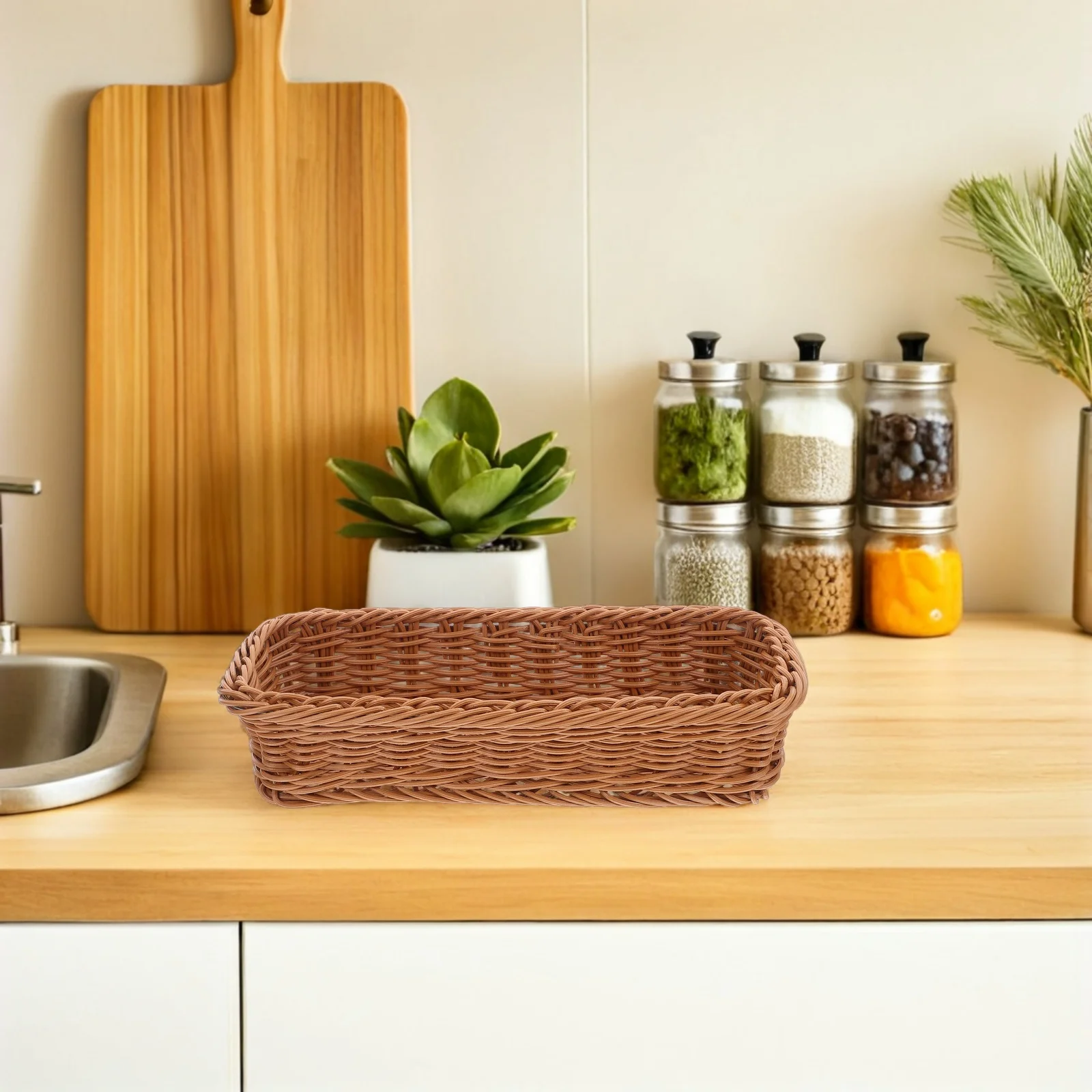 

Brown 30x11.5x7cm Seasoning Jar Storage Box Plastic Kitchen Bar Snack Basket Fruit Container Dining Table Decor