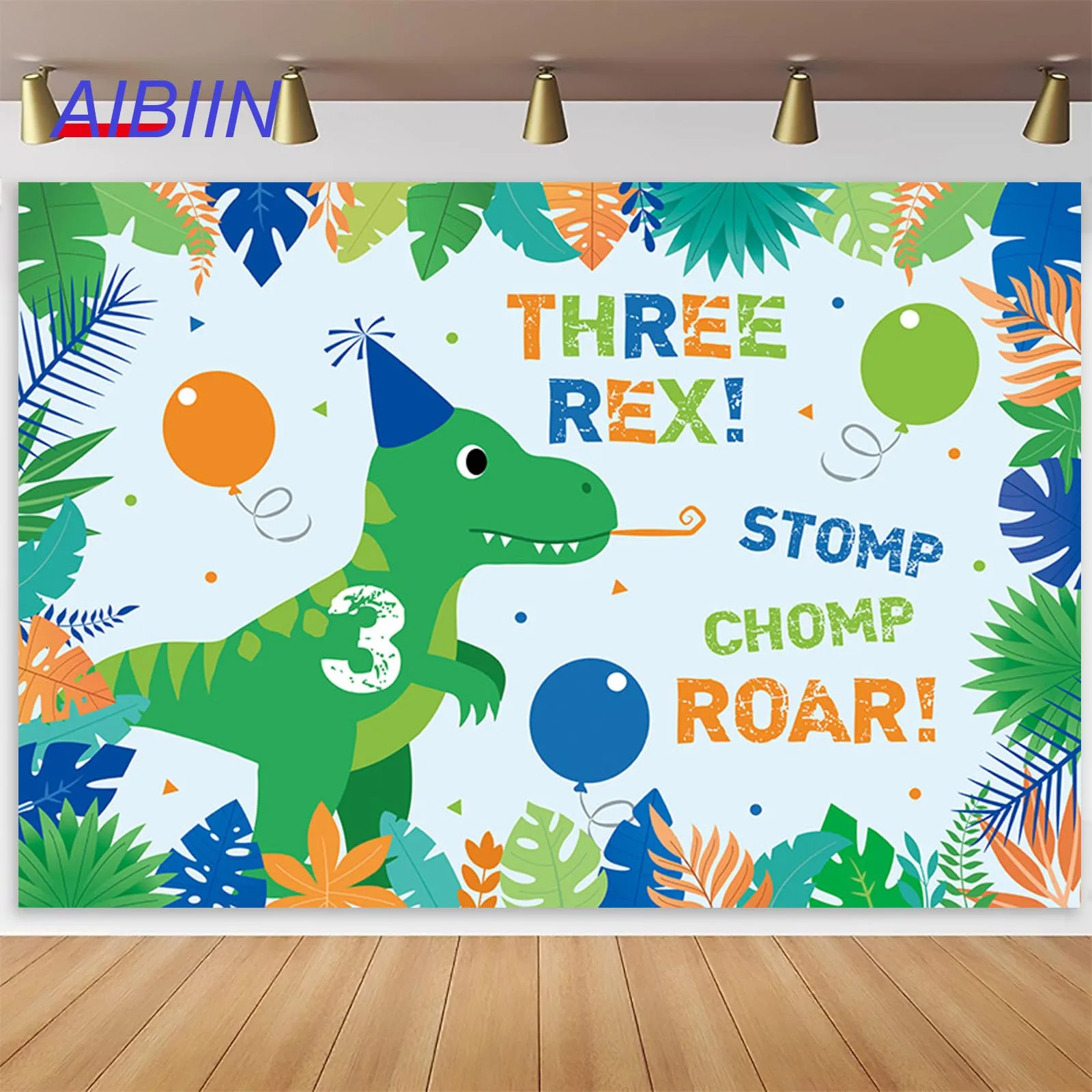 

AIBIIN Three Rex Birthday Backdrop for Kids Dinosaur Balloon Confetti Green Leaf Photography Background 3 Years Old Party Decor