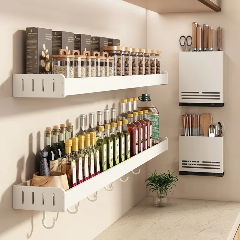 Wall Mounted Kitchen Condimenters Spice Rack Organizer Shelf Kitchen Storage Wall Shelf Organizers Hanging Hook Rack For Kitchen