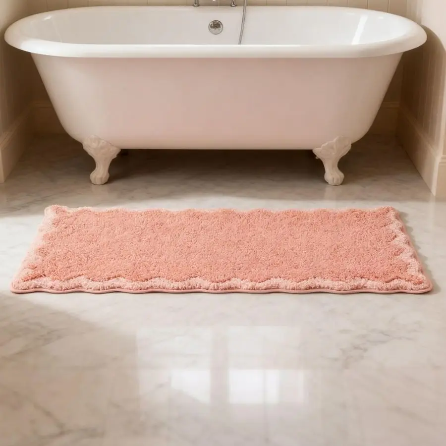 

Cute Coral Pink Scalloped Bath Mat, Fun Plush Microfiber Scallop Bathroom Rugs Non Slip Washable Quick Dry Absorbent, Bath Rug C