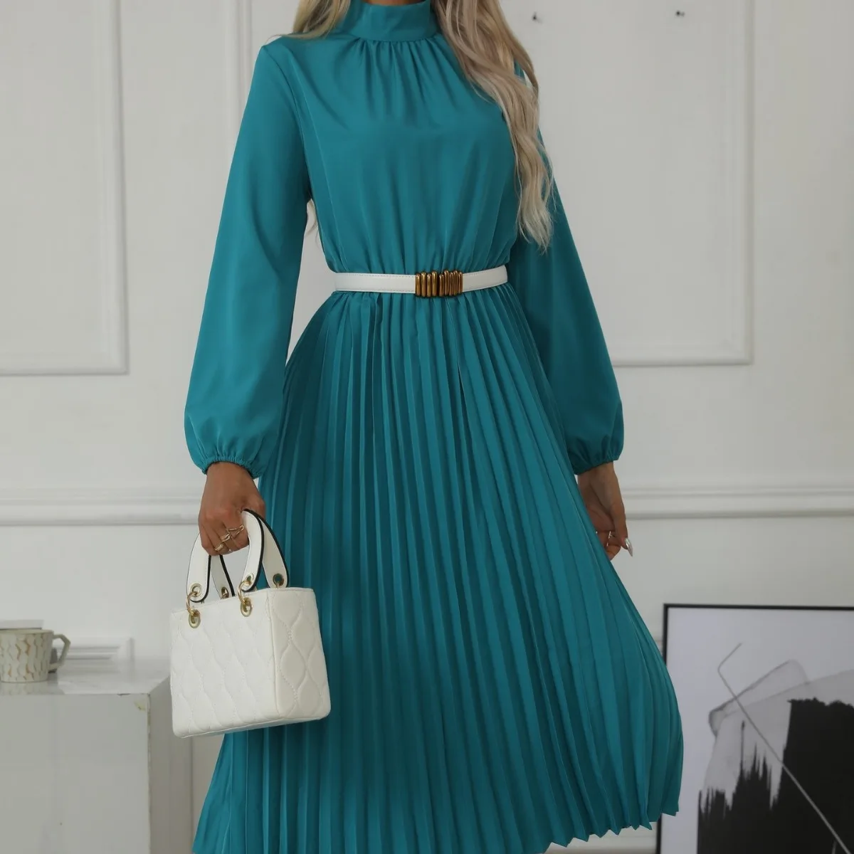 Elegant Women's Spring Style French High Neck Waist Cinching Slimming Pleated Fashionable Peacock Blue Long Sleeved Maxi Dresses