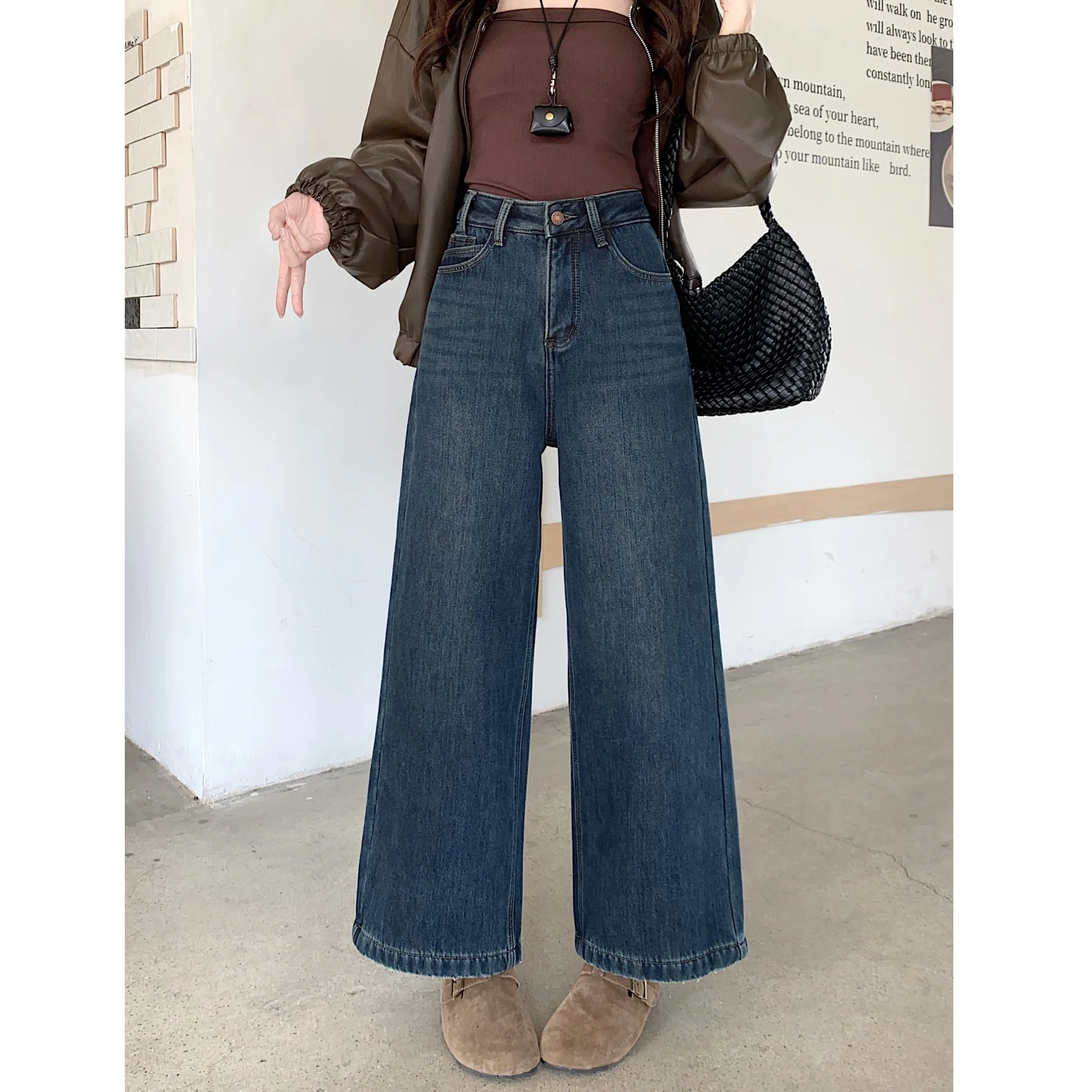 Thiened Fce wijde pijpen jeans dames klein formaat ontwerp vintage getailleerde losse rechte gesneden denim broek woon-werkverkeer casual...