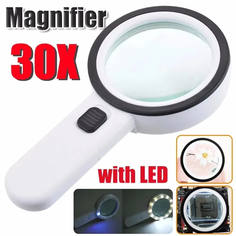 30X Handheld Magnifier 12 LED Illuminated Magnifying Glass with Light for Seniors Reading Inspection Coins Jewelry Watch Repair