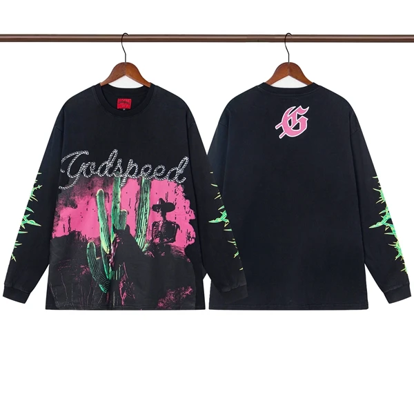 

Godspeed Western Skeleton Cowboy Cactus Print Retro Wa High Street ex Long Sve Autumn T-irt Cotton round Ne Basi...