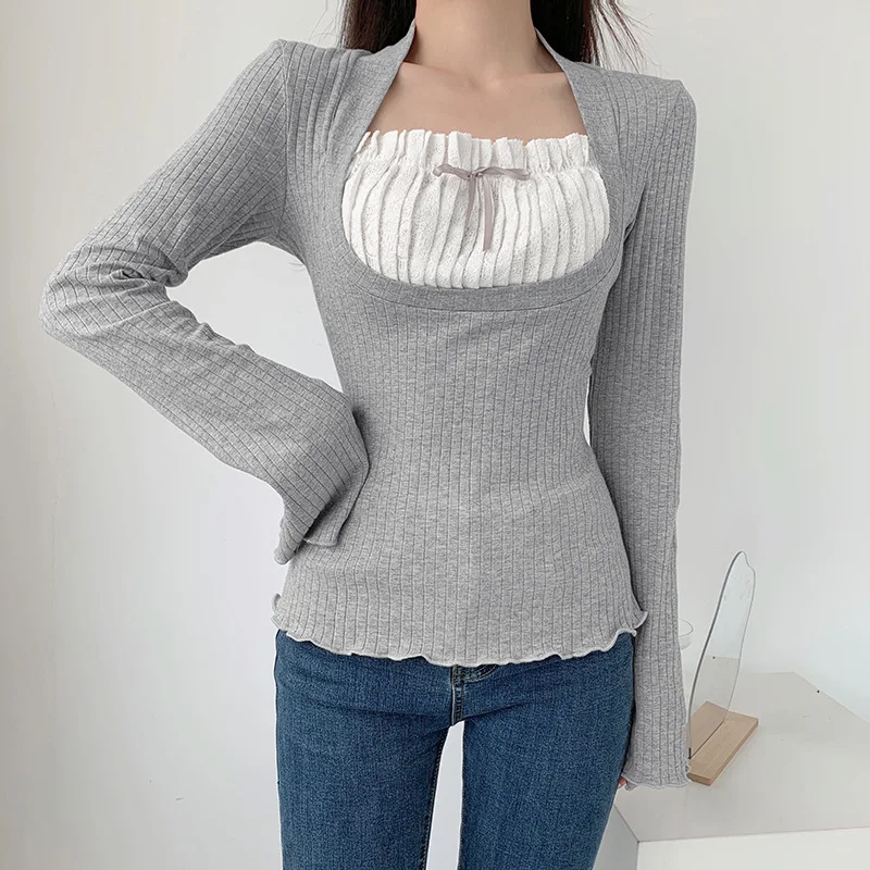 2023 New Fashion Pure Desire Ballet Style Spliced Folded Lace Edge Tight Pullover Long Sleeve Bottom T-shirt